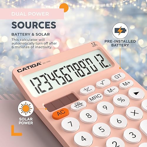 Miniatura 5 de CATIGA Calculadora de escritorio de 12 dígitos Calculadora de escritorio básica con pantalla LCD grande, botones grandes, 4 funciones, energía solar