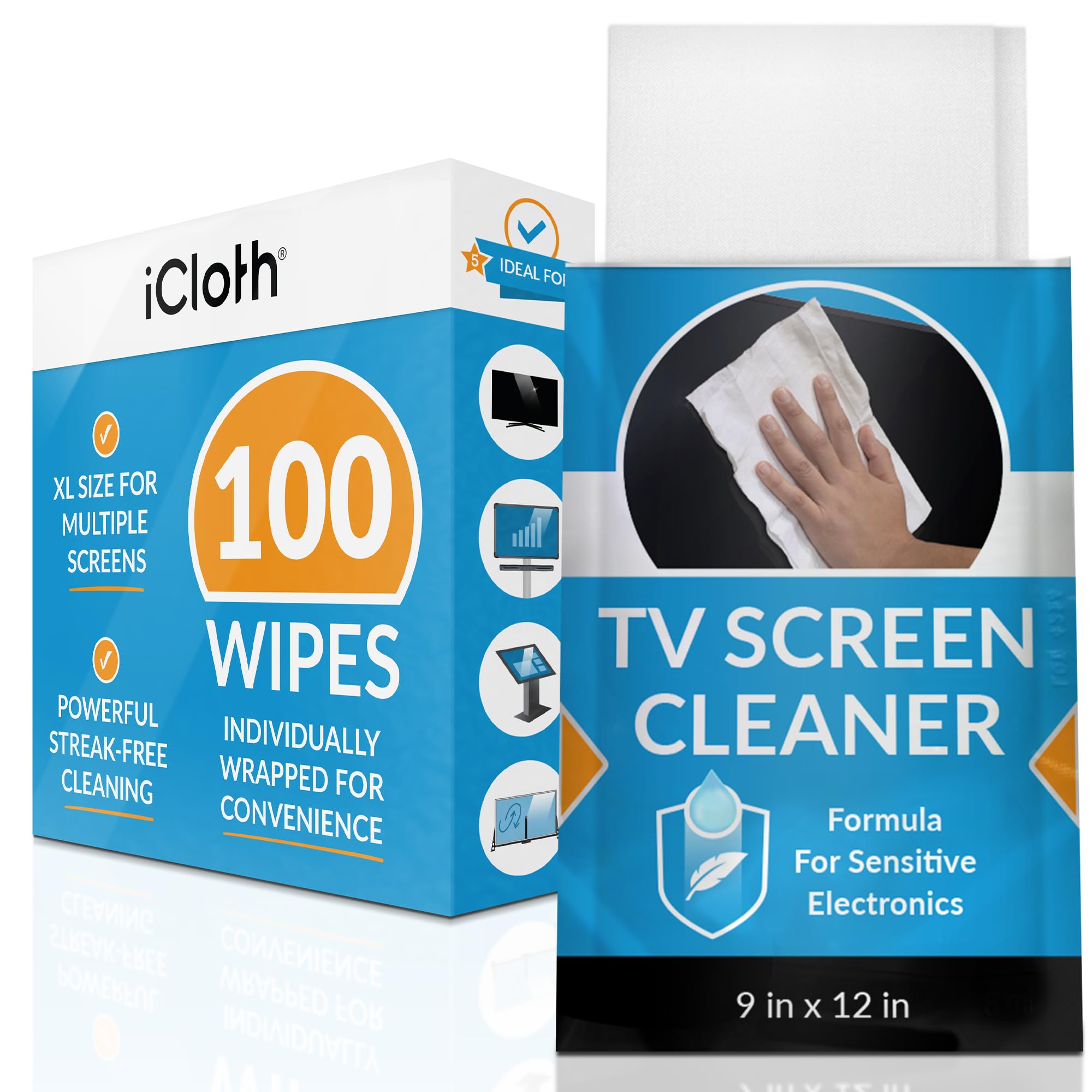 iCloth XL Screen Cleaning Wipes, Lint-Free and Streak-Free, Fast-Drying, Removes Dust, Fingerprints, and Smudges (100 XL Wipes)