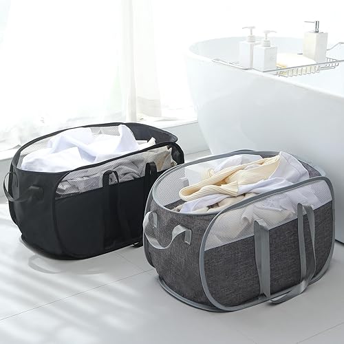 Miniatura 2 de Cesta de lavandería plegable, de malla, con correas extendidas para los hombros, asas resistentes y tela catiónica de alta calidad (negro)
