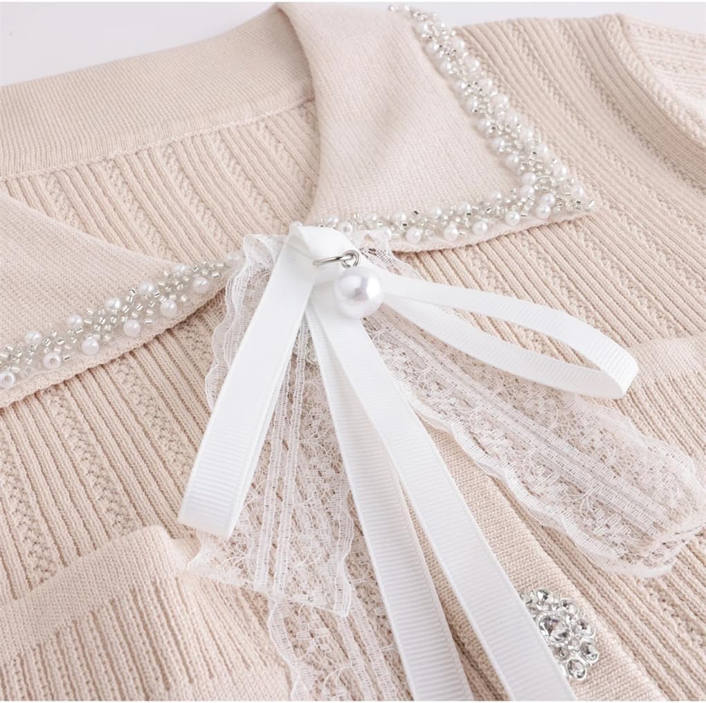 Women's Solid Color Vertical Stripes Button Lace Lapel Bow Knitted Top