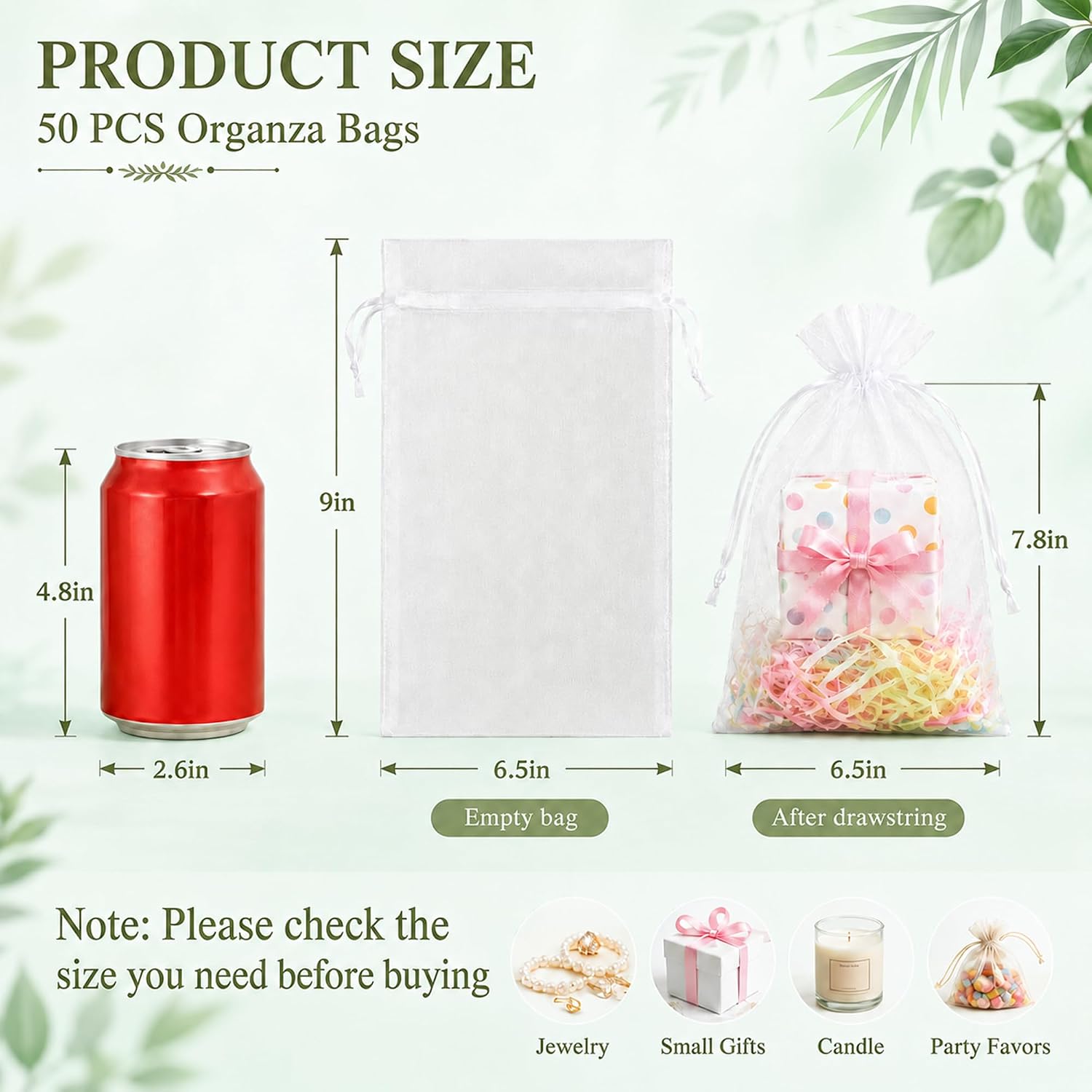 YunKo 50pcs Organza Bags 6x9 Inches Drawstring Gift Jewelry Mesh Bags Fruit Protection Bag White Sheer Organza Wedding Party Favor Bag