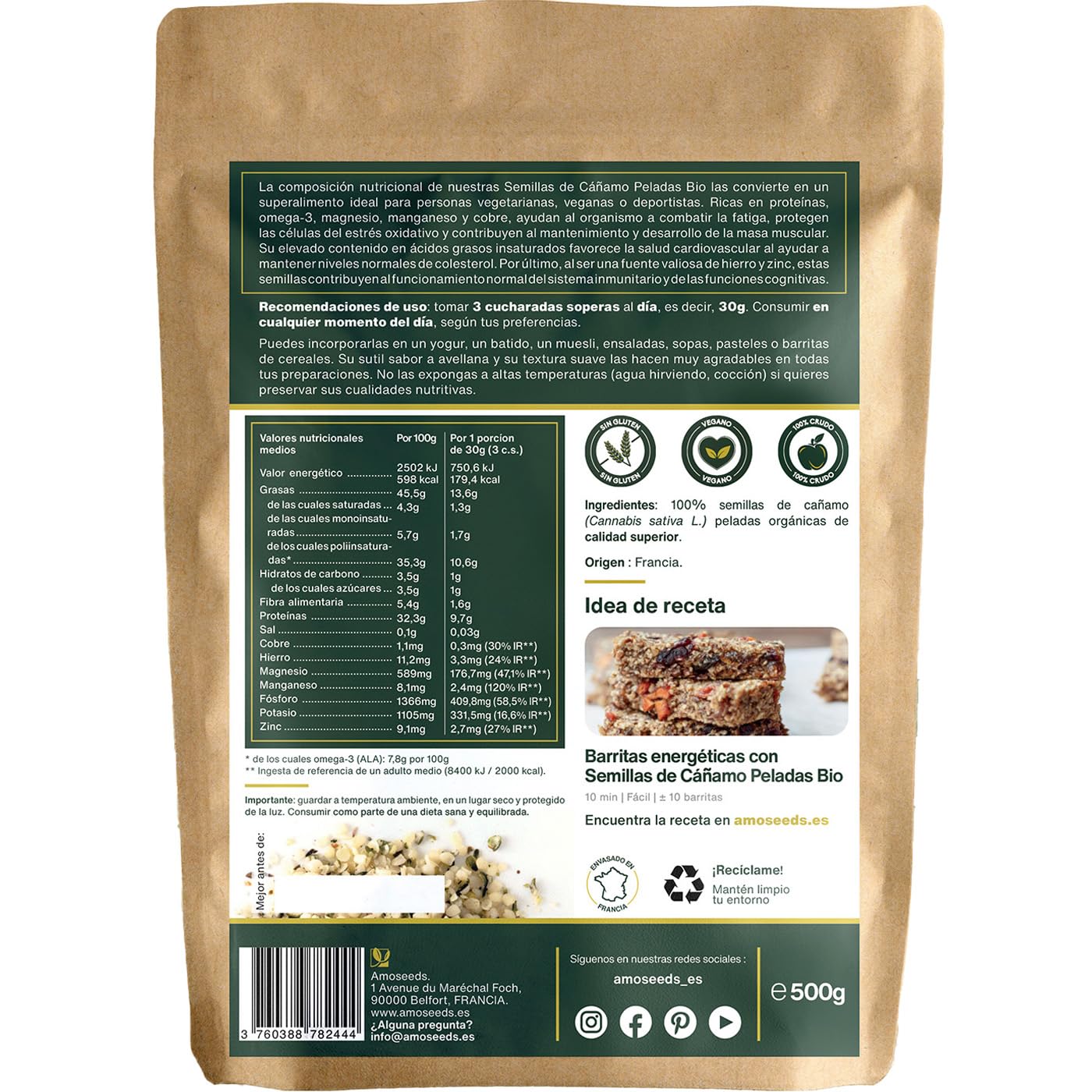Semillas de Cañamo Peladas Bio 500 g | Origen Europeo | 100% Hemp seeds Naturales, Descascaradas y Crudas | Sin gluten | Primera Calidad