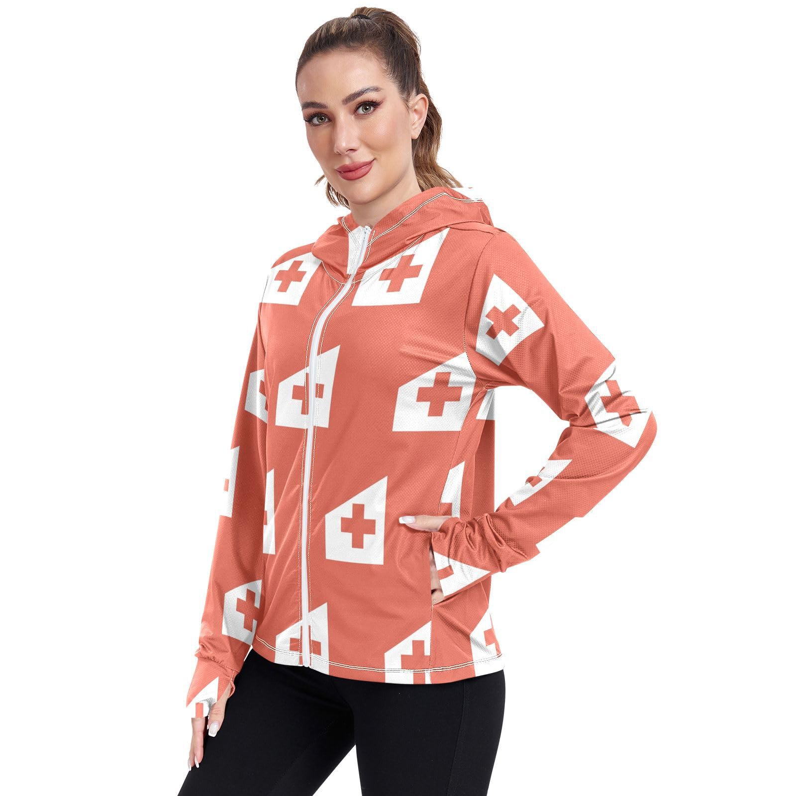Tonga Flag Women's UPF 50+ Sun Protection Hoodie Jacket Lightweight Long Sleeve Sun Shirt with Pocket Multicoloured