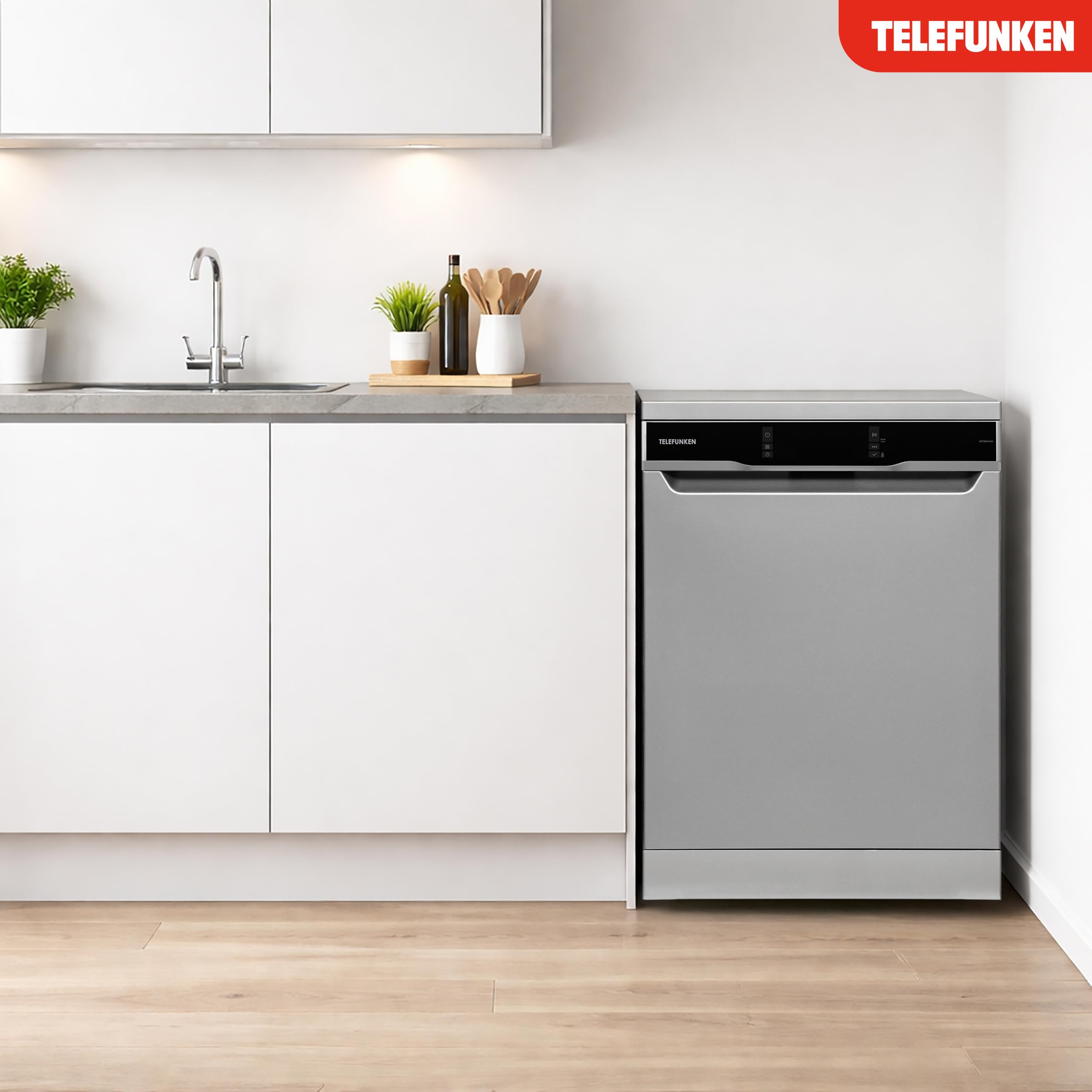 Telefunken Geschirrspüler 60 cm | Spülmaschine freistehend | 14 Maßgedecke | 9 Programme | AquaStop | EEK A | 44 dB | Startzeitvorwahl | Auto-Door | Unterbaufähig | Besteckkorb | Silber | GFS6014AI