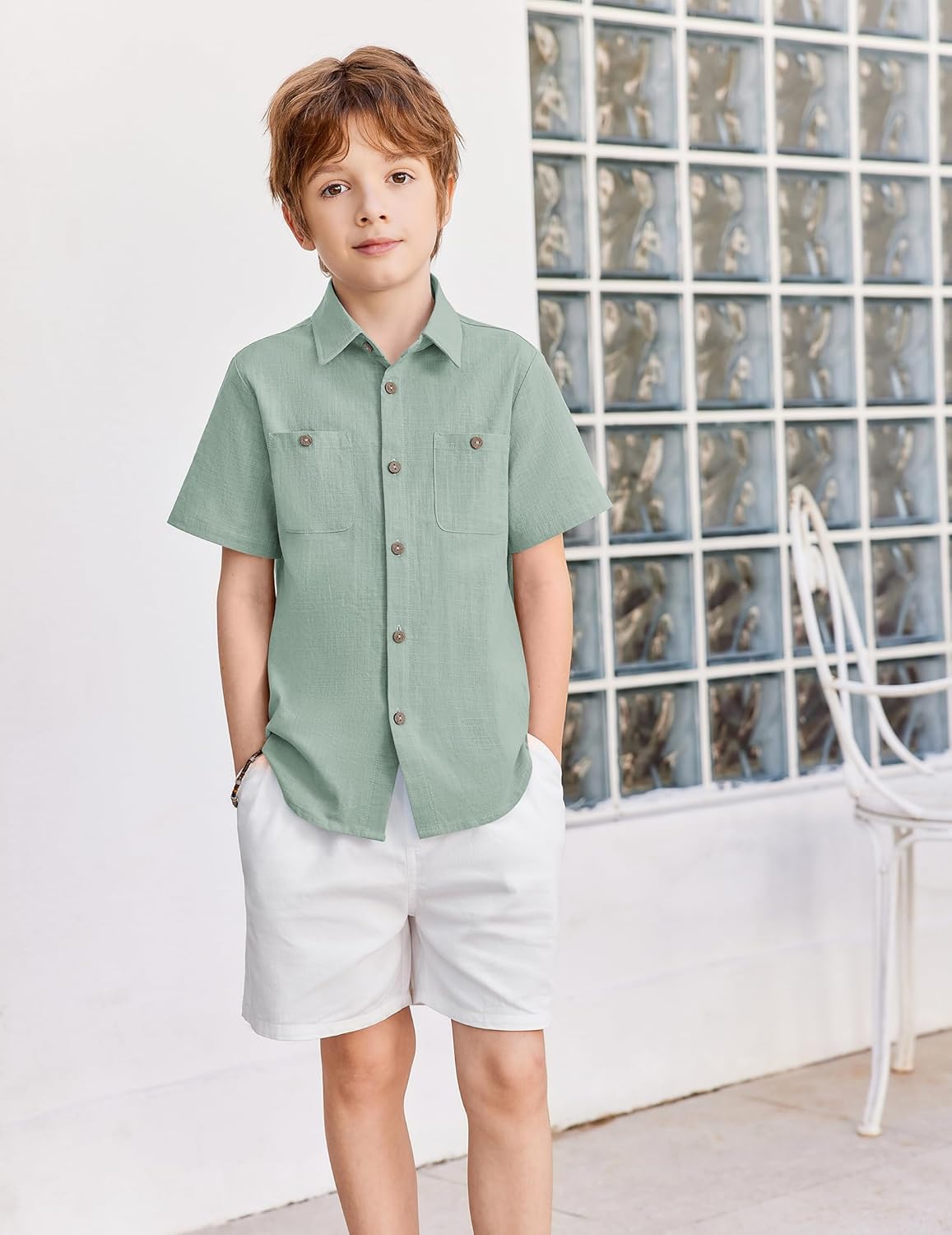 Arshiner Boys Short Sleeve Button Down Shirt Cotton Woven Casual Shirts with 2 Pockets for Kids 4-12 Years - Image 2