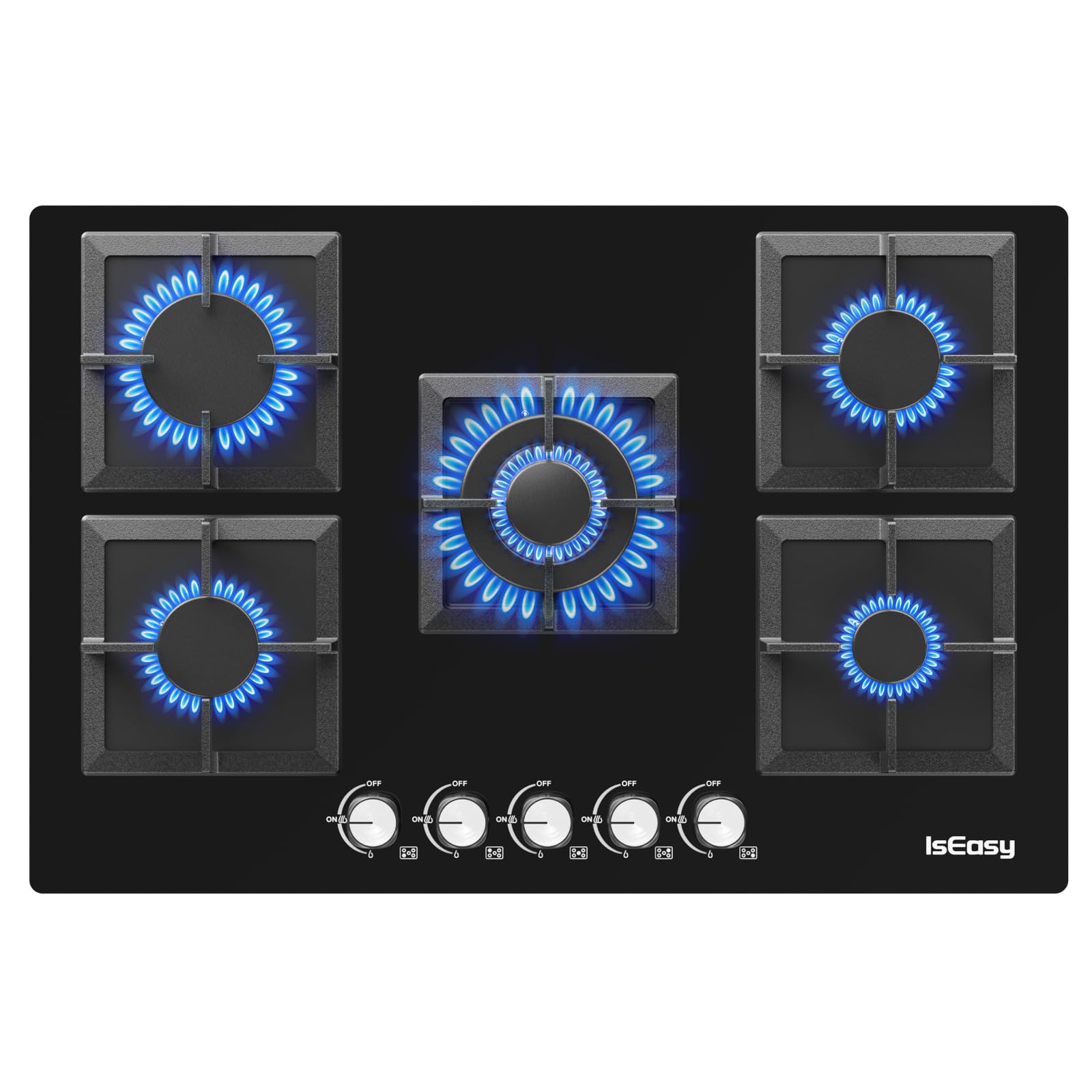 IsEasy Piano cottura a gas 5 fuochi, da Incasso 73cm*48cm, 10500W, Protezione Flame-Out, Gas Naturale/Propano/Butano