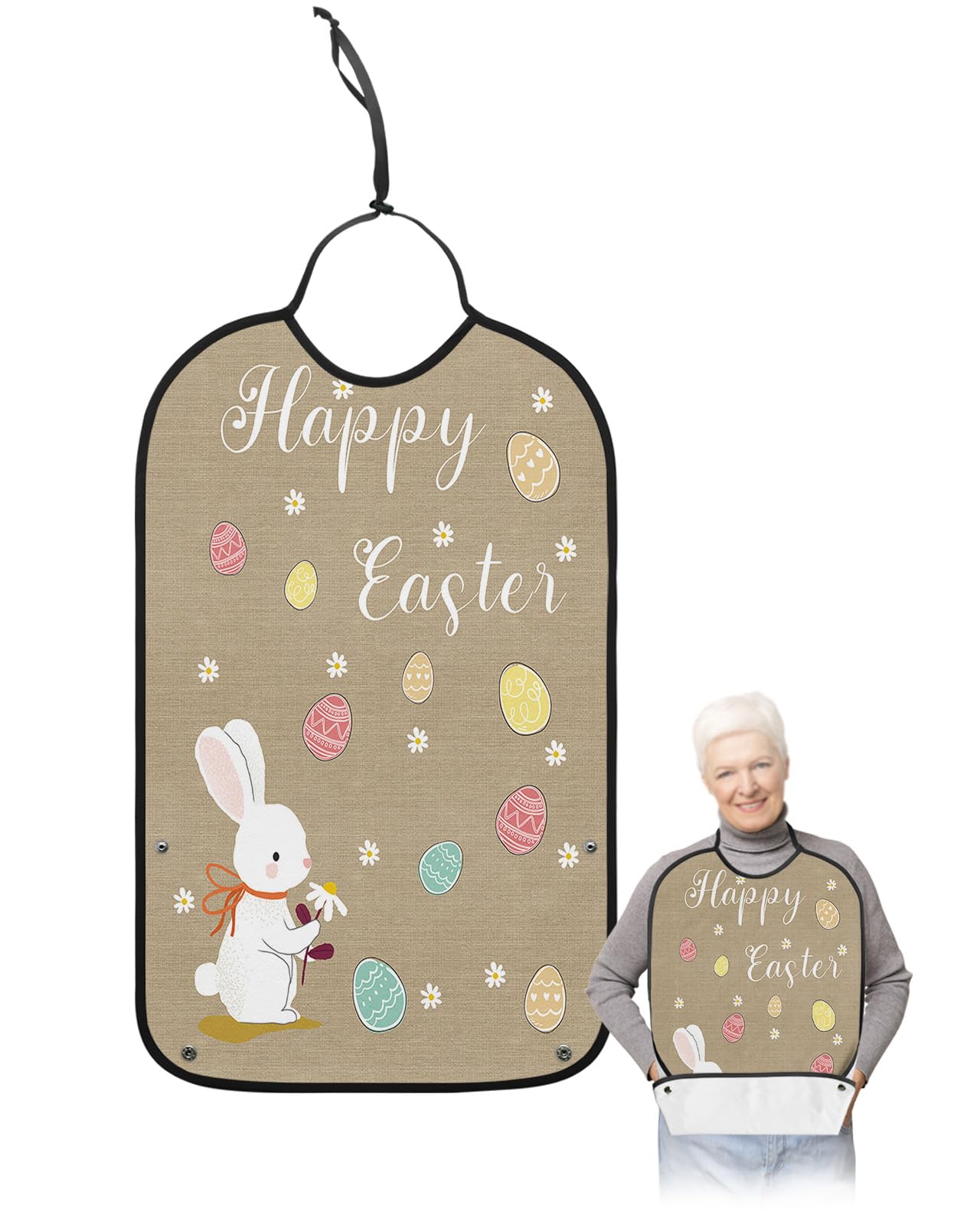 Spring Easter Adult Bibs for Eating, Waterproof Bibs with Food Catcher & Adjustable Snap Closure, Bunny Flower Colorful Eggs Daisy Linen Texture Clothing Protectors Adult Bibs for Elderly Women/Men