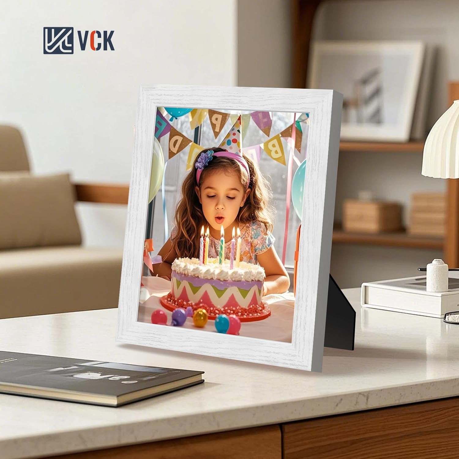 VCK 8x10 Picture Frames White Set of 5, Wide Border Wood, Tempered Glass, Display 5x7 Photo with Mat or 8 x 10 without, for Home, Office, Gallery, Woodgrain Series, Tabletop & Wall Hanging