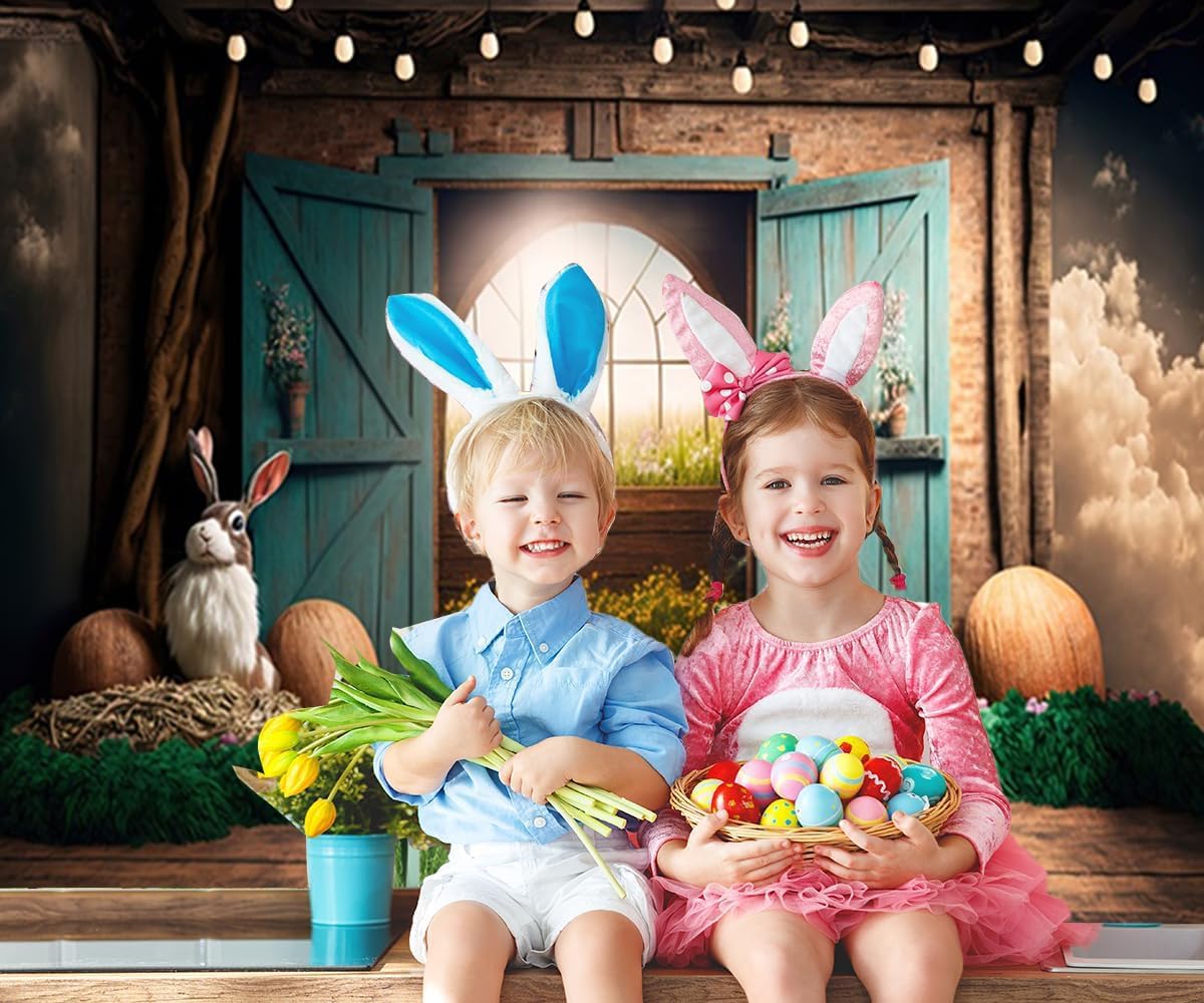 10x8ft Easter Backdrop Rustic Blue Wooden Door Easter Backdrops for Photography Wood Wall Flowers Bunny Spring Background Baby Shower Birthday Photo Studio Props for Photoshoot
