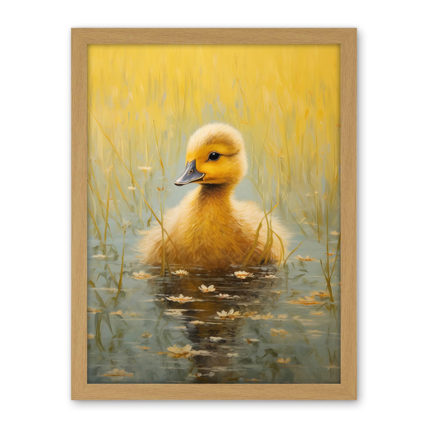 Artery8 Cute Yellow Ducking in Countryside Pond Oil Painting Kids Bedroom Baby Duck Bright Artwork Framed Wall Art Print 18X24 Inch