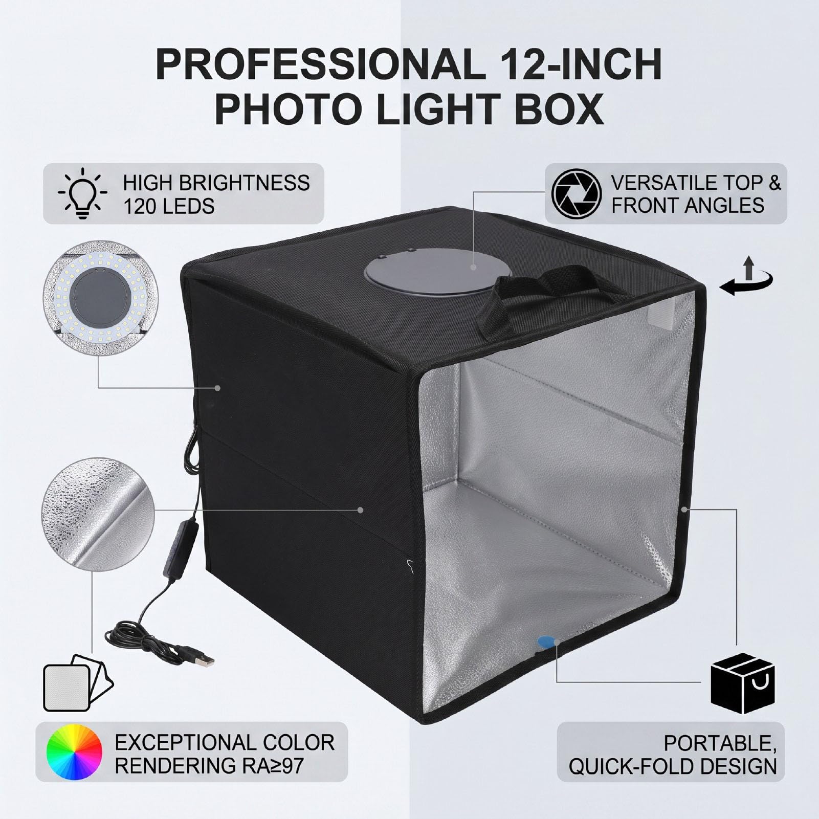 Caja de Luz Fotografica de 30x30x30 Cm para Propietarios Pequenos Negocios Que Toman Fotos Productos 120 LED Regulables Proporcionan Iluminacion Brillante y Uniforme