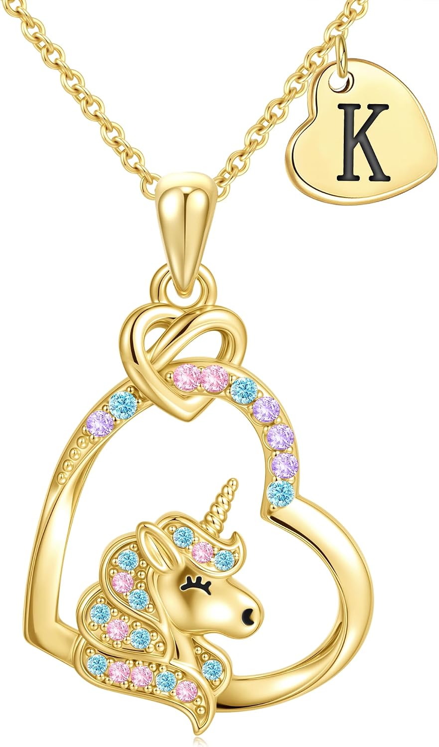 C-leen Unicorn Necklace Gifts for Girls Kids - Colorful CZ Heart Initial Pendant Necklaces Unicorn Gifts Jewelry Christmas Birthday Gifts for Girls