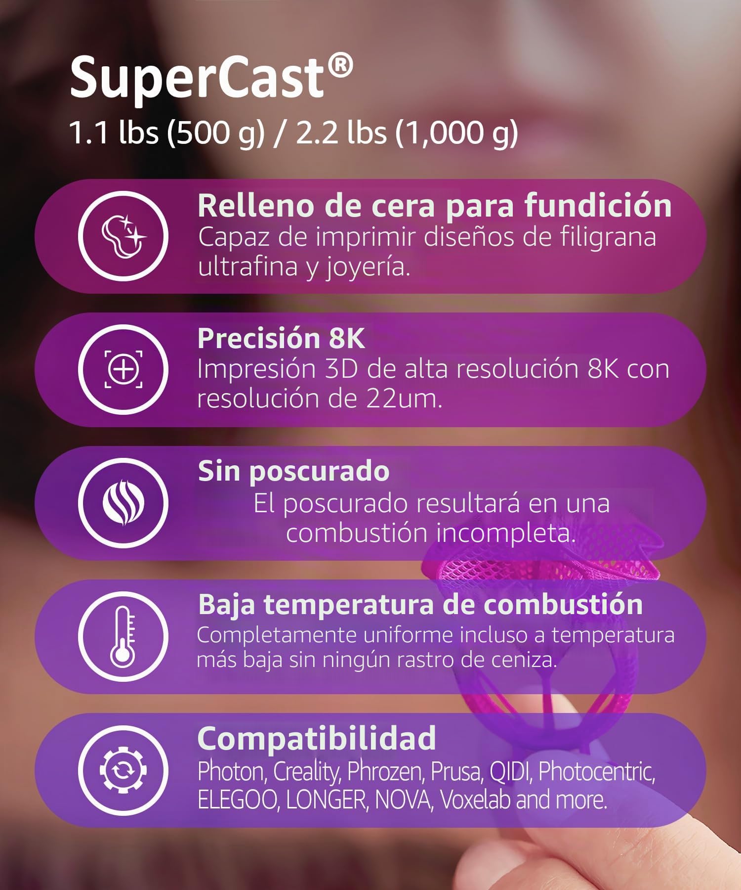 SuperCast es resina fuerte con relleno de cera con resolución de 8K 22 um, ideal para diseños de filigrana ultrafina y joyas, fabricado en Corea por 3DMaterials (500g)