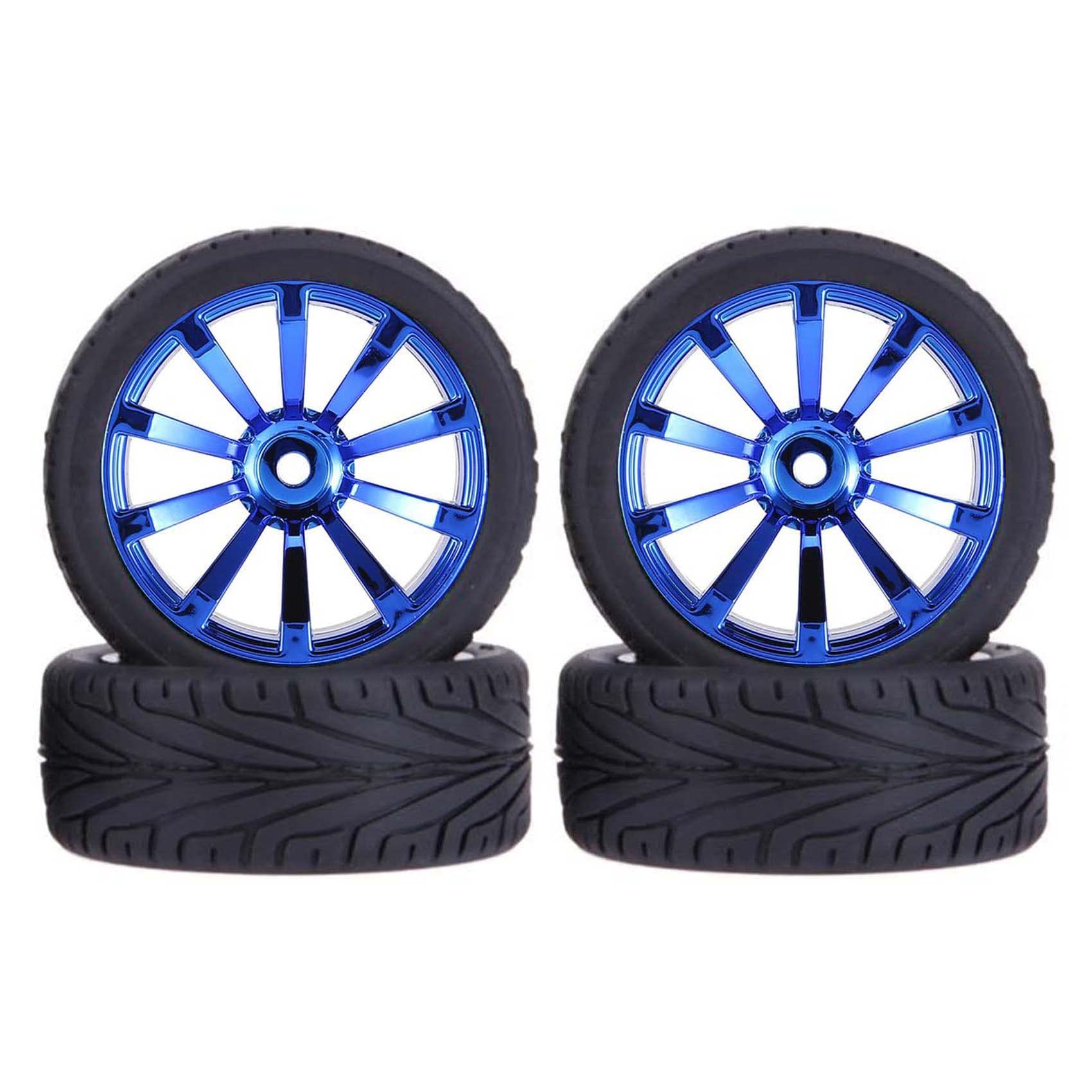 KEEDA 4PCS 1:10 RC 65mm Tires and Plastic Wheels Rims for 1/10 HSP HPI Tamiya RC On Road Touring Racing Drift Car (Blue)