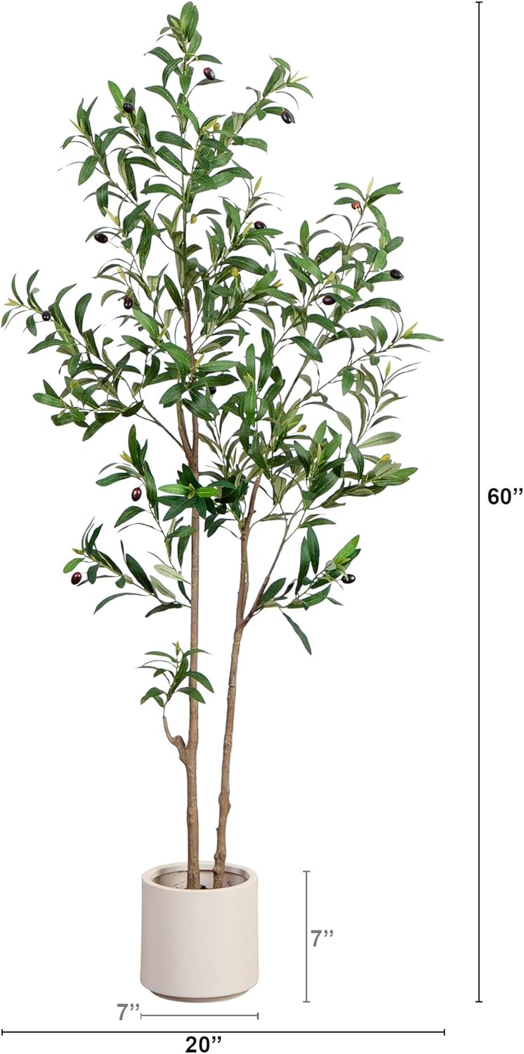Nearly Natural 5ft Minimalist Olive Tree – Artificial Indoor Tree with Faux Olives, Bendable Branches, and White Decorative Planter with Faux Soil – Realistic Greenery for Home or Office Decor
