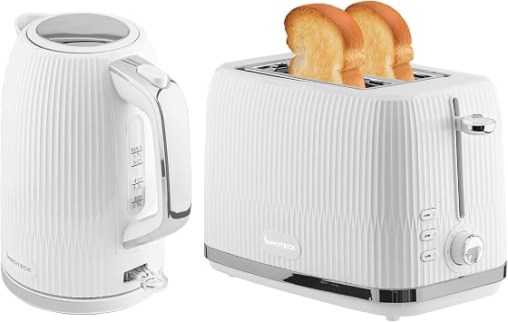 Innoteck 1.7L Electric Kettle & Toaster Set - White Ridged Textured & Stainless-Steel Body - Toaster with Defrost, Reheat & Cancel Functions - Hot Water Boiler with Auto Shut-Off Functions