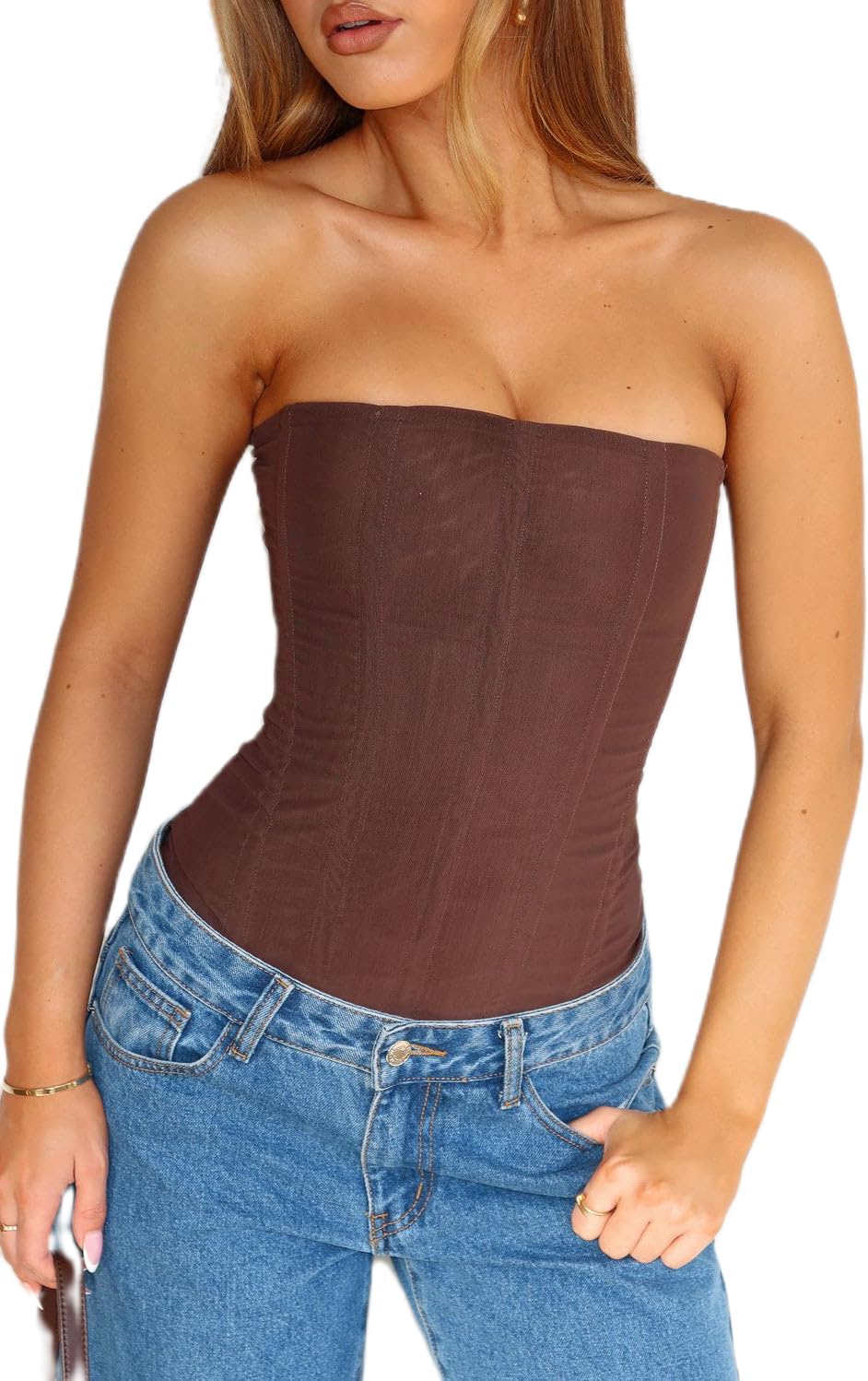 Adoeren Women Overbust Corset Strapless Fishbone Bustier Back Zipper Bodyshaper Lingerie Sexy Bandeau Y2k Tube Tight Tops