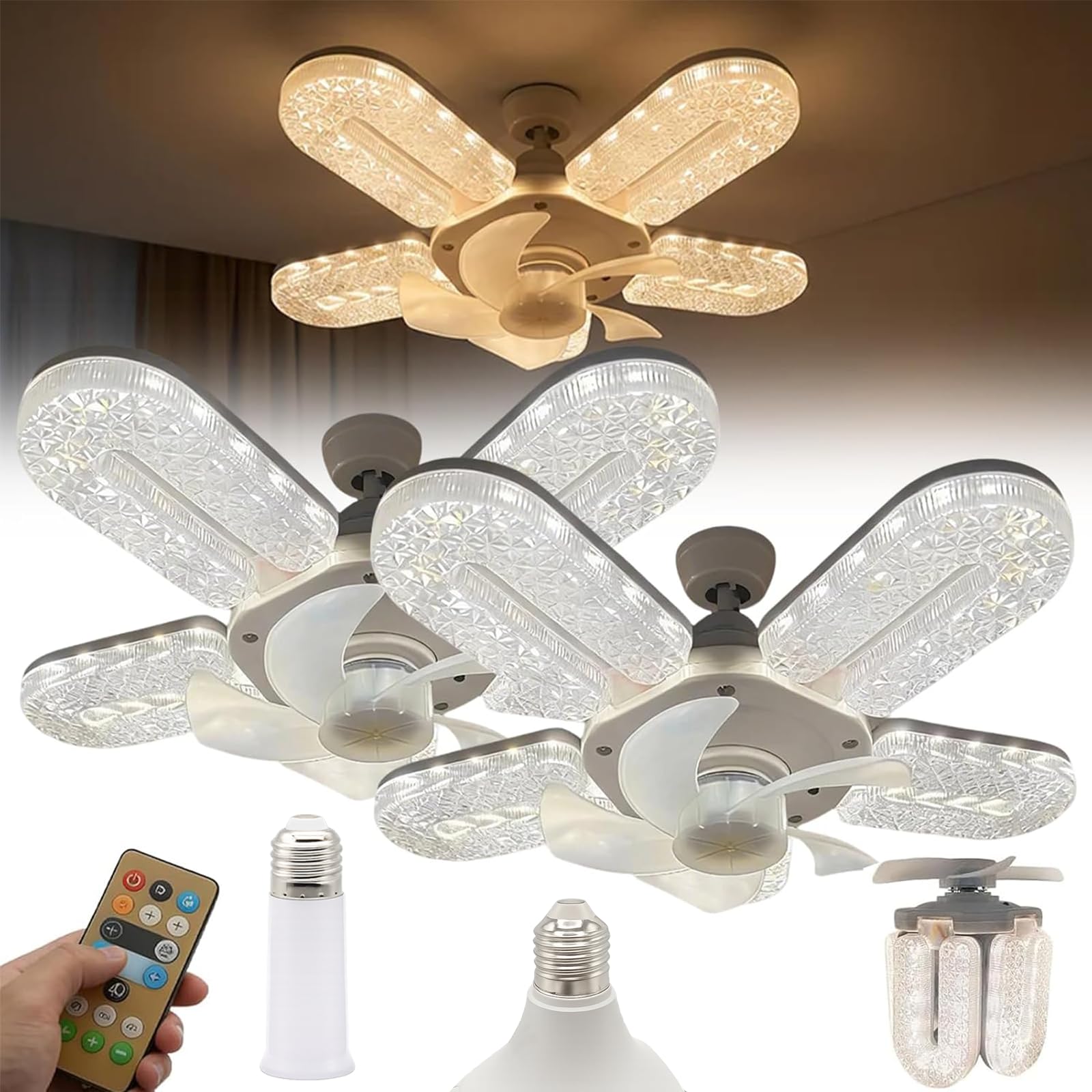 Liocwocne 2 Pcs Crystal-Effect Led 5-Blade Ceiling Fan Light, 12" Retractable Fandelier With Remote, 3-Color Dimmable Chandelier Fan, Quiet 3-Speed Small Modern Fan For Bedroom Living Room (2 Pcs)
