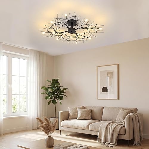 Miniatura 6 de Lámpara de techo de 36 pulgadas con forma de rama, estilo retro creativo, con diseño de flores y vides, para uso en dormitorio, lámpara de techo