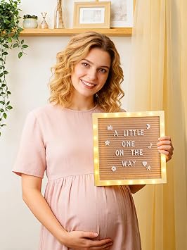 Changeable Felt Letter Board with LED Lights - 1010 Message Custom Signs & Wood Stand& 450 Letters, Poster Board for Baby/Pregnancy Announcement/Classroom Wall Decor Gifts First Day of School, Camel