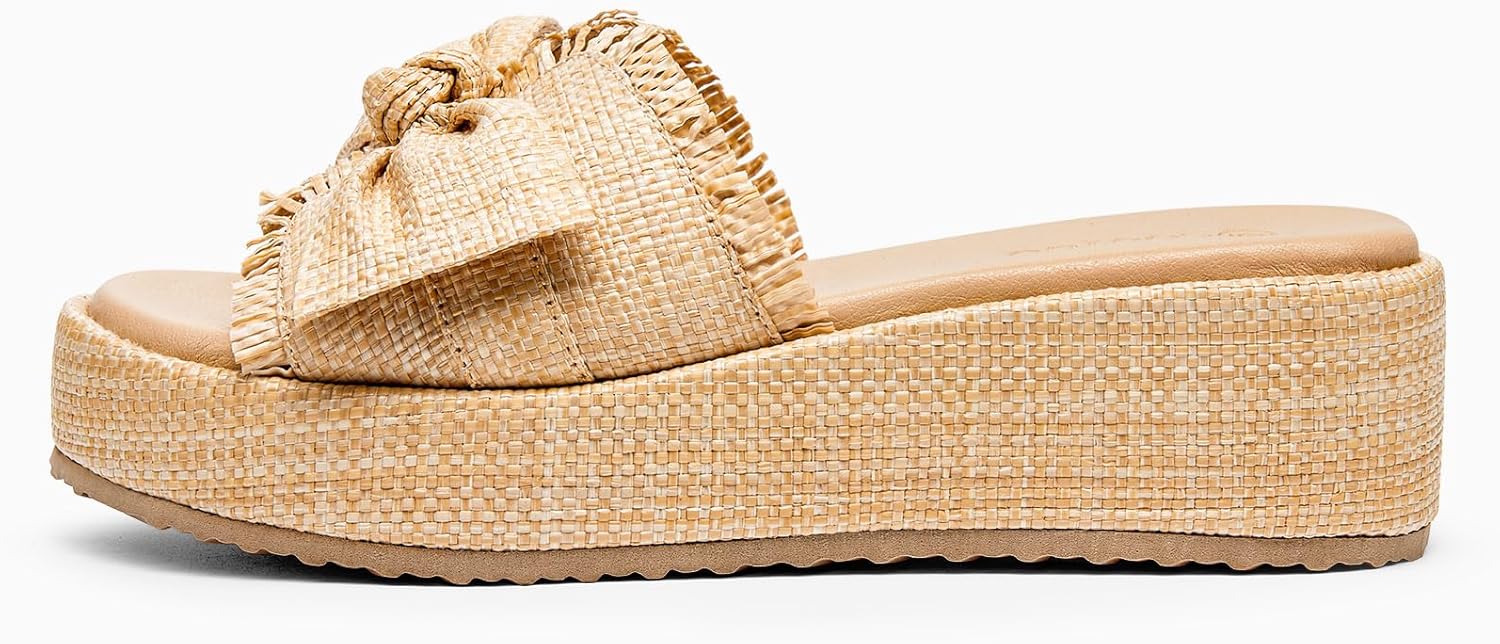 Coutgo Womens Platform Wedge Sandals Bow Open Toe Slide Sandals Straw Slip On Summer Beach Shoes - Image 5