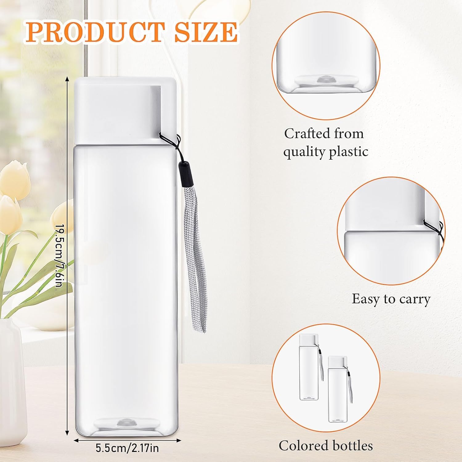 20 botellas de agua en paquete grande, 500 ml, botellas de agua de plástico reutilizables, botella de agua deportiva de boca ancha, botella de plástico rectangular para gimnasio, fitness al aire libre
