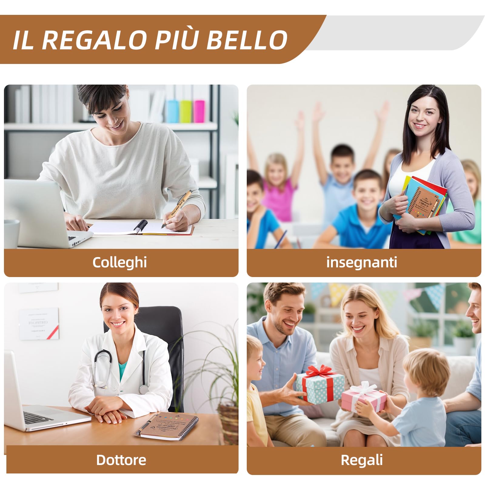 Set regalo 4 pezzi per colleghi: quaderno spirale, penna retrattile, portachiavi, sacchetto garza