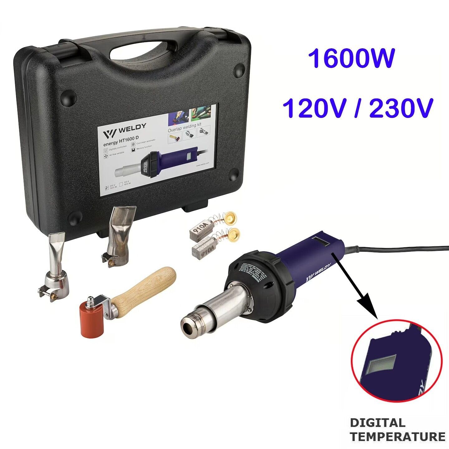 1600W HT1600 Digital Heat Gun Hot Air Tool, Overlap Welding Kit 120V / 230V (120V-US)