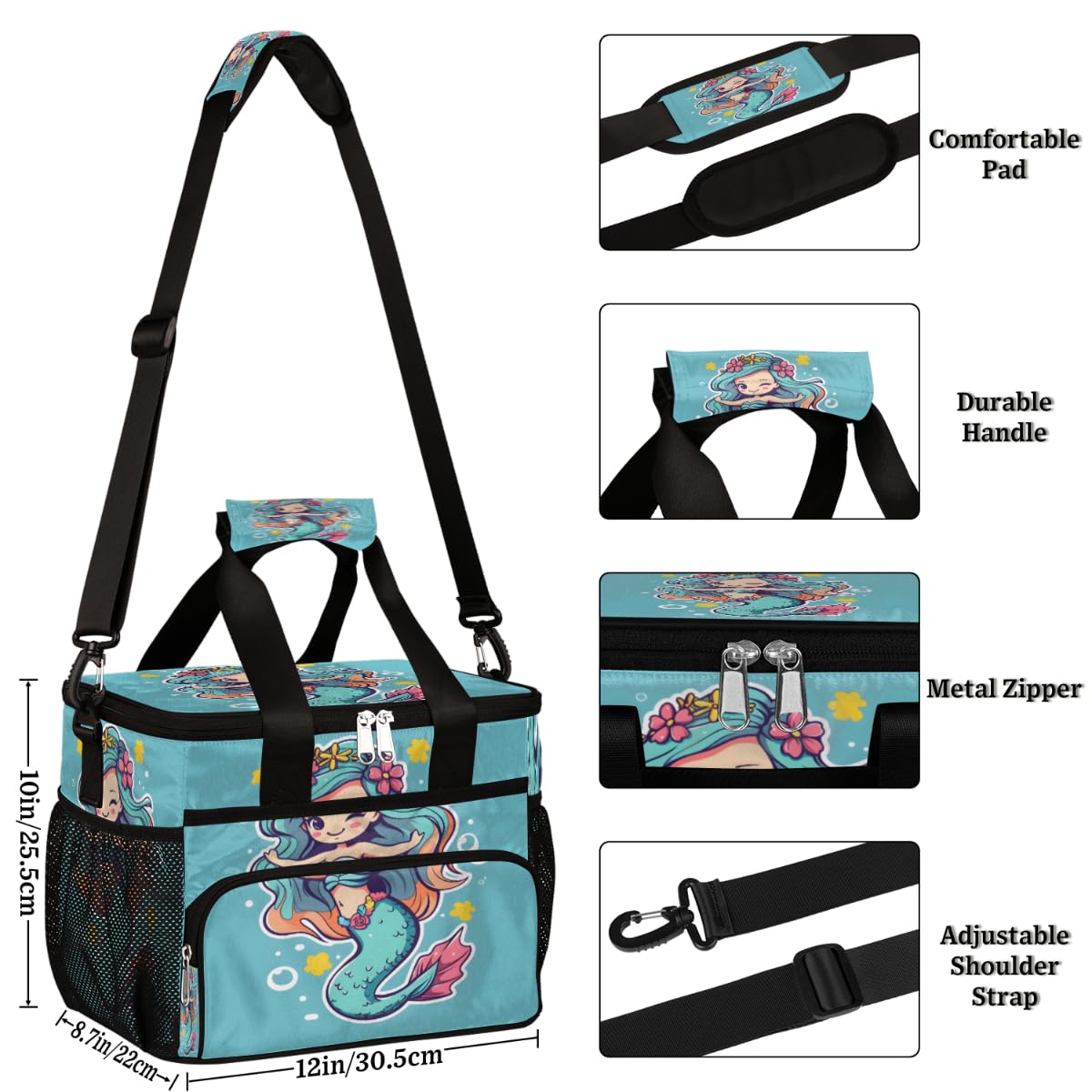 Cute Mermaid Insulated Picnic Backpack Lunch Box for Women Men Picnic Basket Tote Lunch Bag Picnic Bag Portable Lunch Bags for Picnic, Beach, Work, Trip,Office, Camp Marine Mermaid