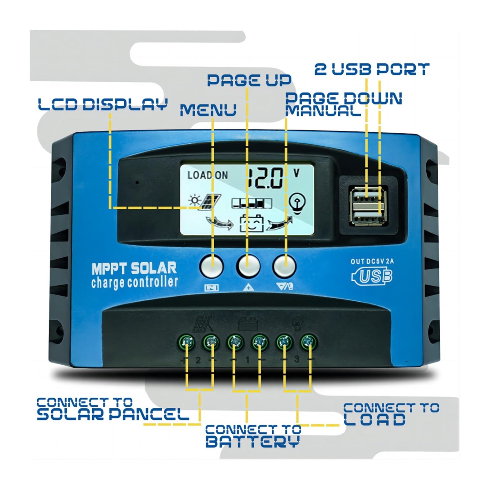 Regolatore di Carica Solare MPPT 12V 24V 30A 40A 50A 60A 100A | Doppio regolatore display LCD USB con carico(MPPT-100A-01)