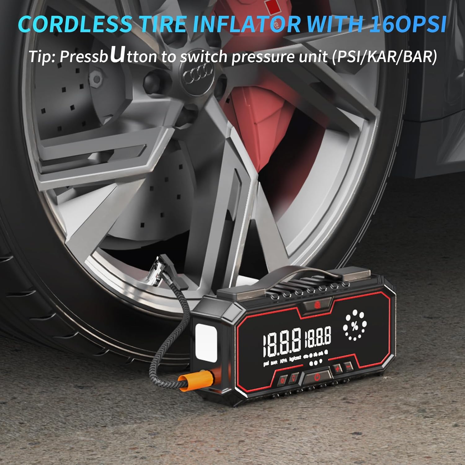 Jump Starter with air Compressor, 5000A Emergency Starter Jump Box (Gas 9L/Diesel 8L), Jumper Cable Jump Starter Portable with air Compressor 160PSI, car Roadside Emergency kit, SOS Light