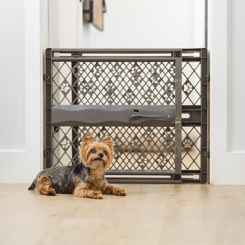 MYPET Paws Portable Pet Gate: 26-40" Wide Expandable, Pressure Mounted No Tools Needed, Durable Dog Gate for Doorways, Made in USA, 23" Tall, Fieldstone Gray