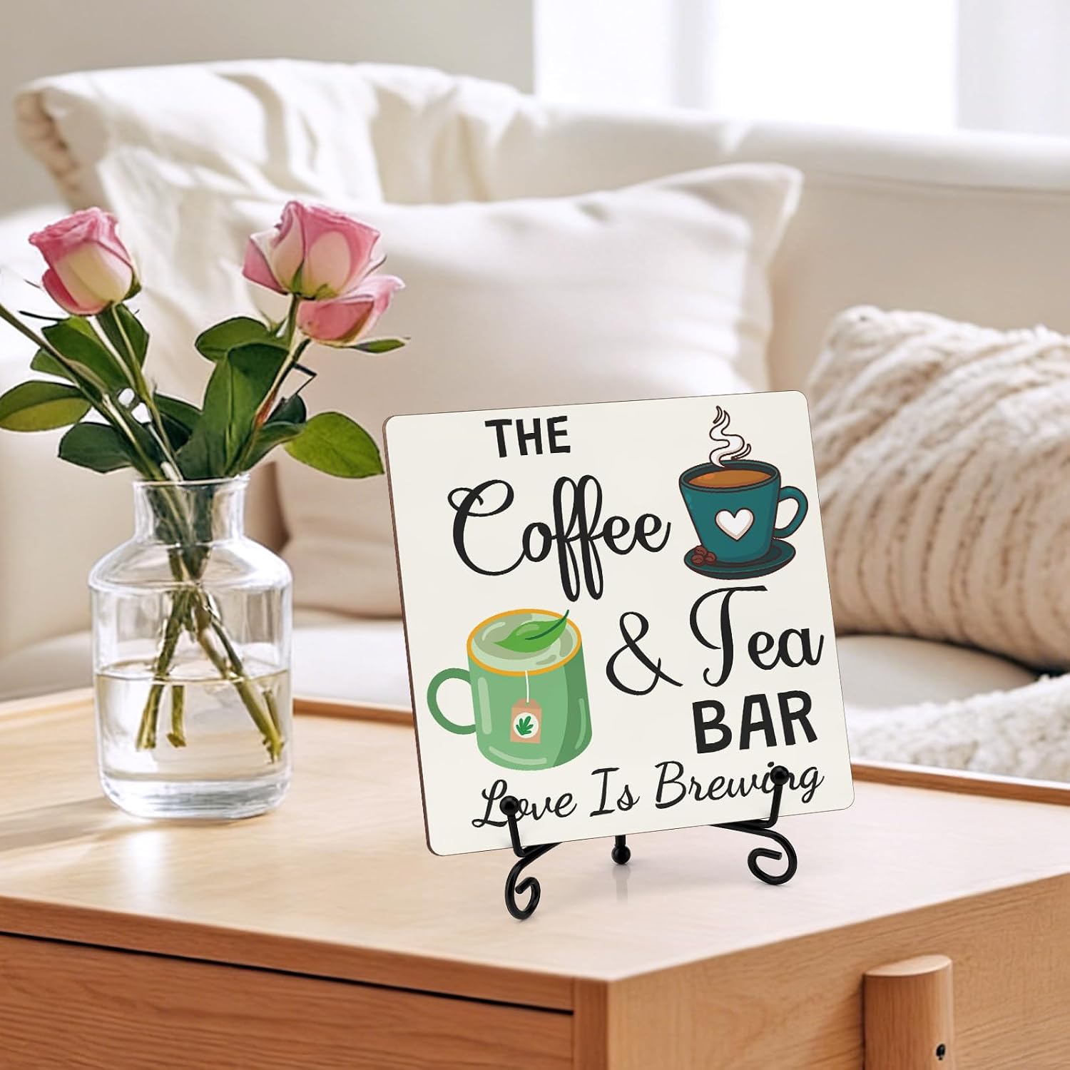 Coffee Tea Bar Decor Signs Coffee Bar Table Decor Tea Themed Gifts for Woman Man Barista Drinking Lover Wooden Sign with Iron Stand for Home Kitchen Tabletop Office Accessories for Desk Table Shelf image 4