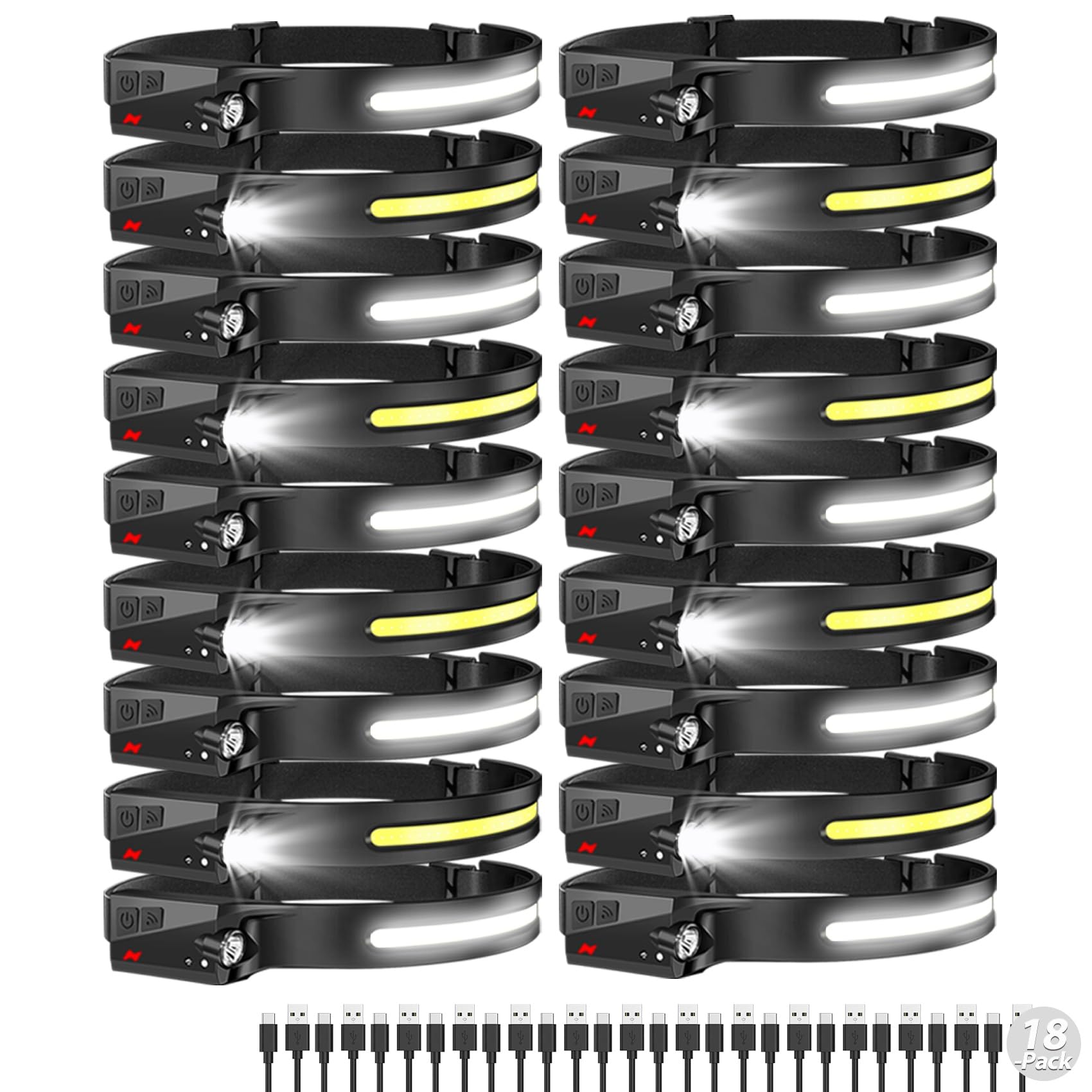 Aikertec Rechargeable Headlamp 18 Pack, 230°Beam Headlamp for Adults, 6 Mode Camping &amp; Spotlight, Motion Sensor, Lightweight Headlights Flashlight
