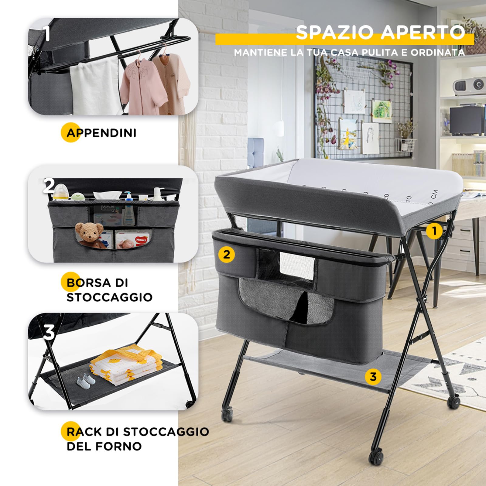 COSTWAY Fasciatoio Pieghevole Portatile, Bagnetto Cambio Pannolini per Bambini Neonati, con Ruote e Vaschetta, Altezza Regolabile 79.5x66x97-101 cm (Grigio)