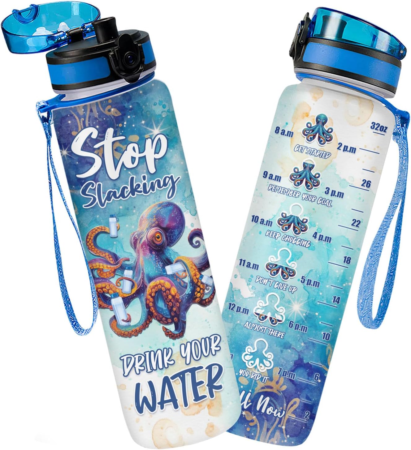 Octopus 32oz Water Bottle with Time Marker – Funny Stop Slacking Drink Your Water Ocean Animal Hydration Tracker Bottle, Sea Animal Gift for Octopus Lovers