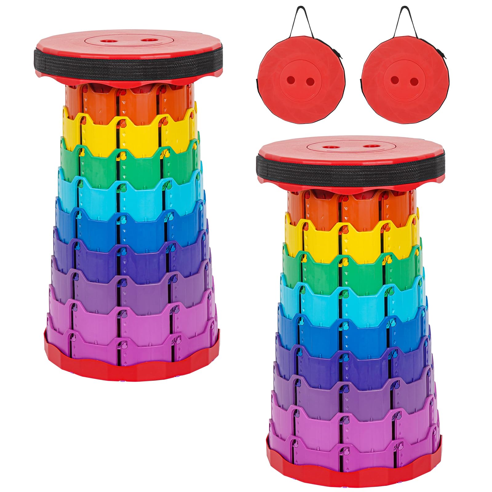 2 Pack Folding Stool with Soft Cushion, 45cm Extra Tall Telescopic Stool Heavy Duty 181kg (28.5 Stone) Load, Portable Collapsible Stools for Adults Fishing Camping Gardening Hiking BBQ - Rainbow-Red