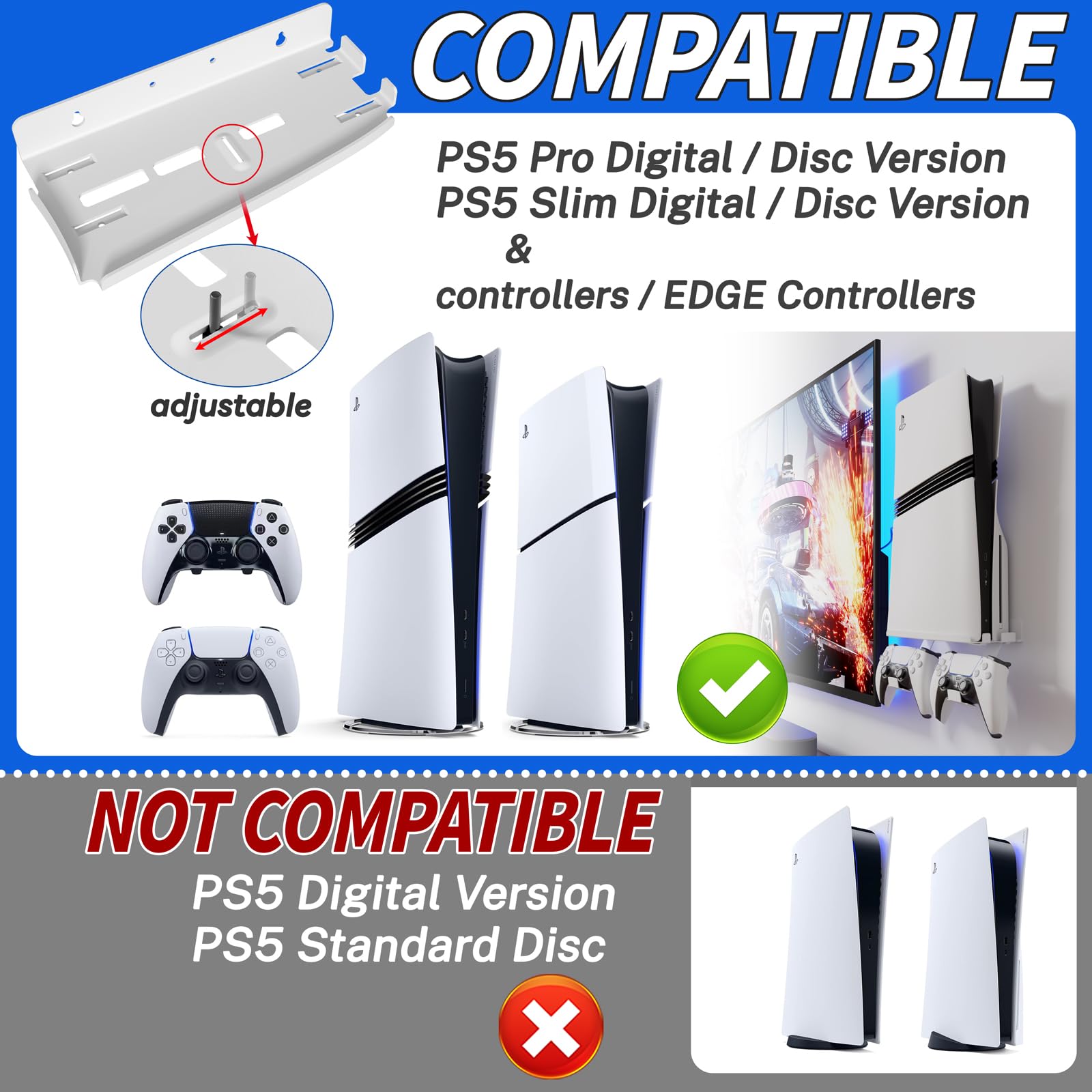 sciuU Supporto da Parete per PS5 Pro / PS5 Slim Console & Controller - Staffa da Muro in Acciaio da 2mm compatibile con PlayStation 5 Pro/Slim Disco/Digitale Edizione + 2 Porta Controller PS5 /Edge