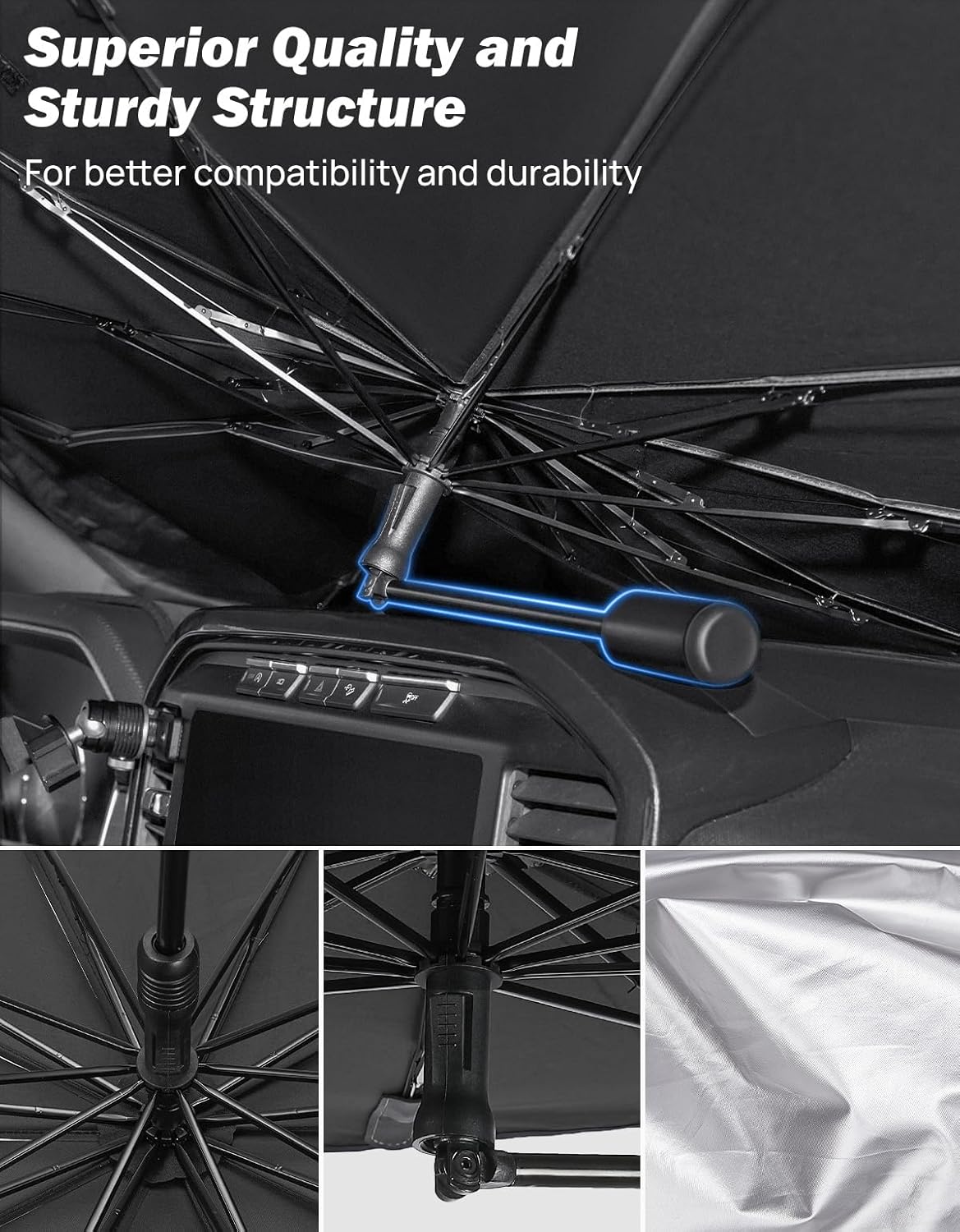 JOYTUTUS Windshield Sun Shade Umbrella, Upgraded 360° Rotation Bendable Shaft Handle, Foldable for Mini Car/Hatchback, Automotive Interior Sun Protection, UV Rays Block, 51''x 29''