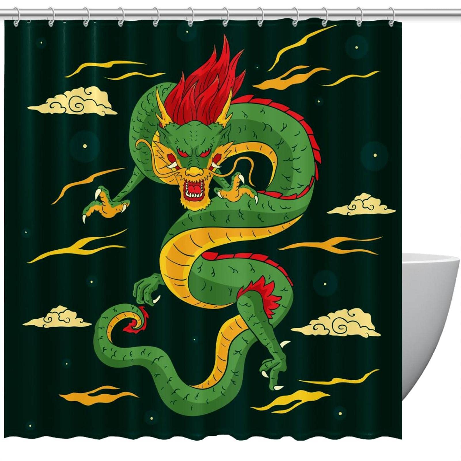 Rideau de douche dragon chinois vert 180x180 cm avec 12 crochets
