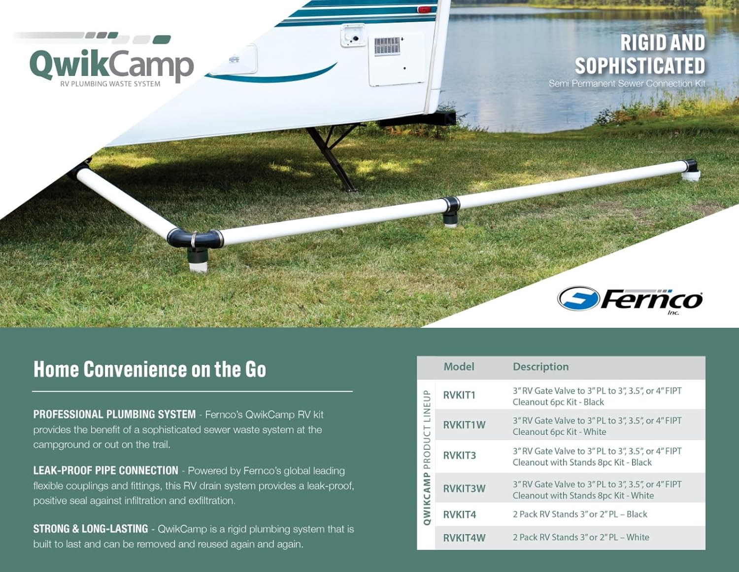Fernco QwikCamp RV and Camper Sewer Waste Plumbing Connection System Kit with Slip Fit Coupling Adapter for 3-in. PVC Pipe and Pipe Stands in White