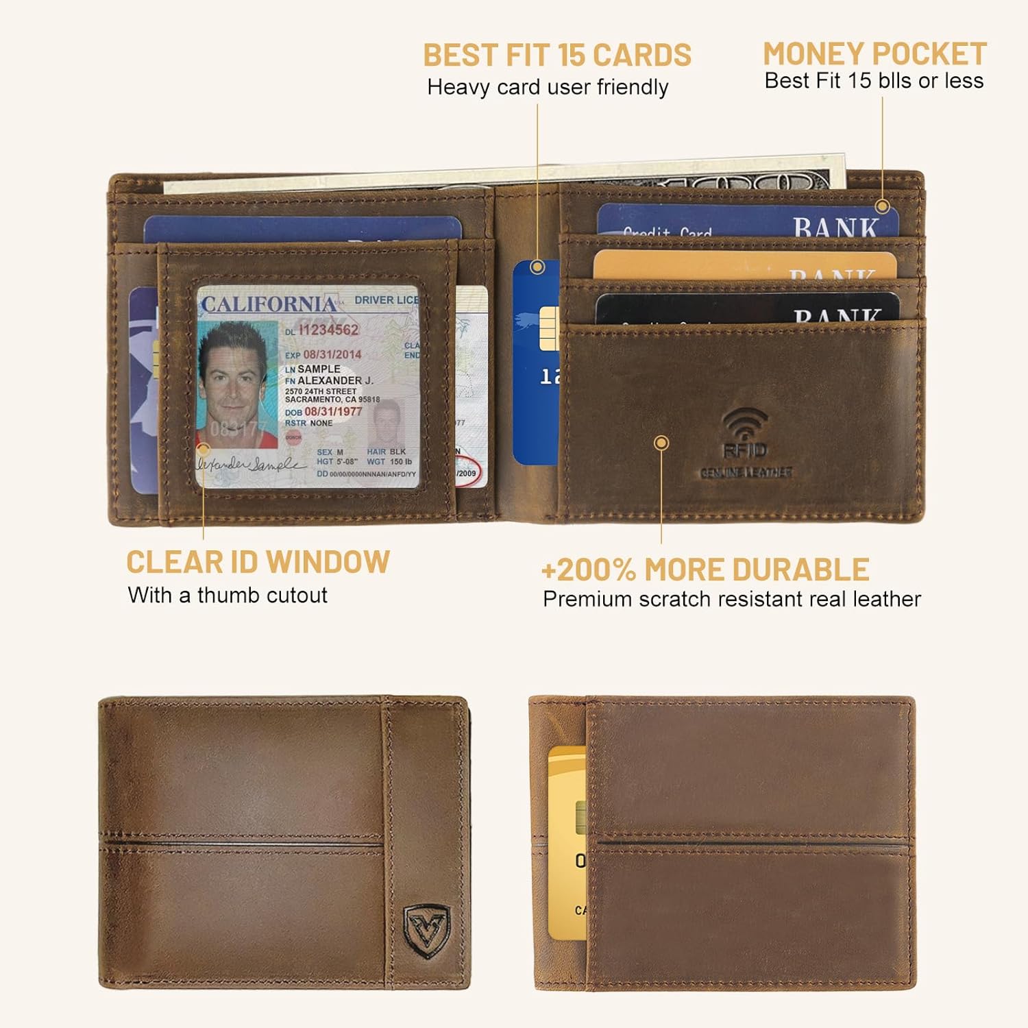 Men's Wallet Full Grain Leather Slim Bifold Wallets | RFID Blocking with Gift Box Crazy Horse Brown - Image 3