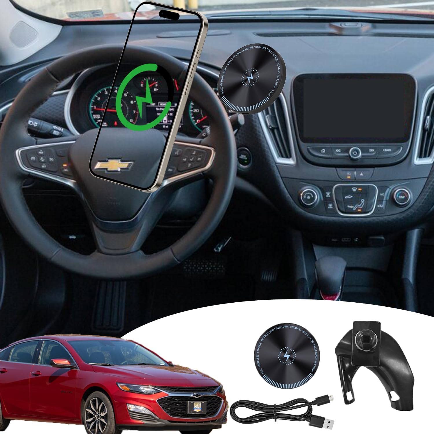 for 2025 Chevy Malibu Phone Mount 15W Fast Wireless Charger for 2025 Chevy Malibu Phone Holder 2025 Malibu Accessories Custom Fit Malibu 2016-present Compatible for All Cell Phones