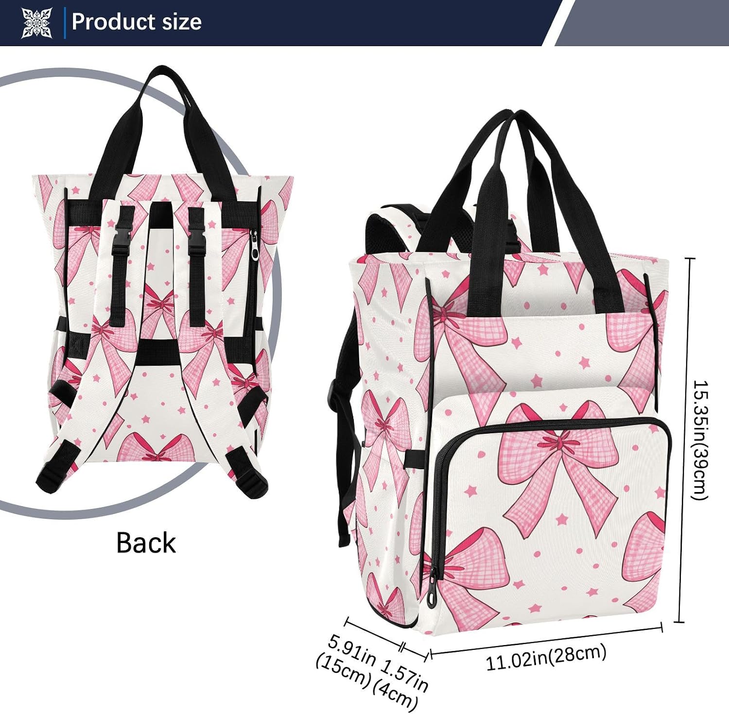 Diaper Bag Backpack, Cute Pink Bows Baby Diaper Bag - Waterproof Multifunction Travel Diaper Bag with Pacifier Case, Stroller Straps & Insulated Pocket - Unisex