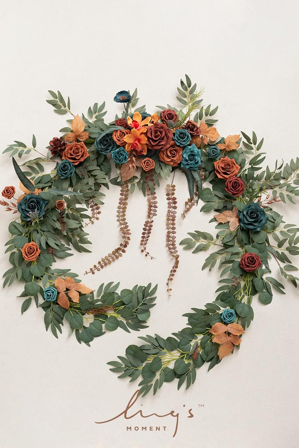 Ling's moment 9FT Flower Garland for Backdrop Decoration - Fall Wedding Arch Flowers, Eucalyptus & Rose, Artificial Floral Garland for Mantle - Sweetheart Table Decor for Ceremony, Teal & Orange