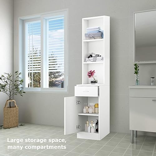 Miniatura 6 de BNSPLY Armario alto de baño, gabinete estrecho de lino delgado con estantes abiertos de 3 niveles y cajón, torre de lino independiente para baño,