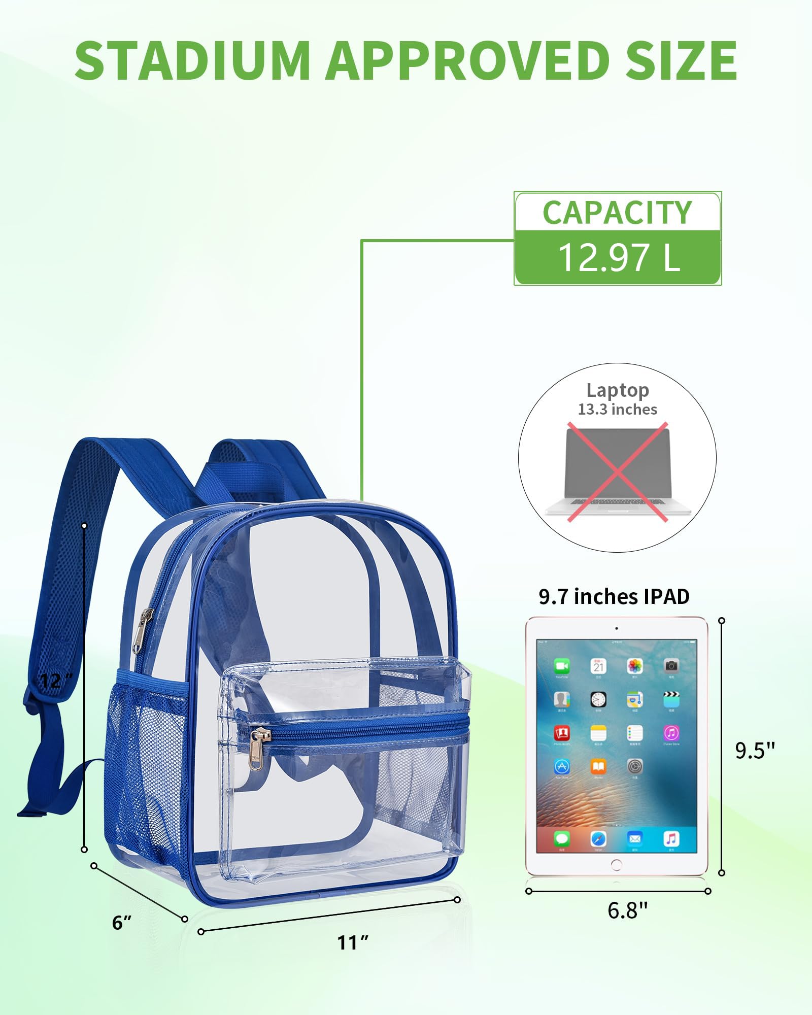 Condition photo showing New/Like New for may tree clear backpack for stadium events, 12x11x6 inches stadium approved