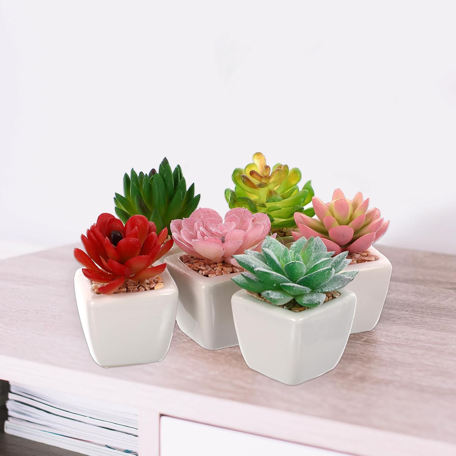 6-pcs Artificial Mini Bonsai Plants Set, Simulation Micro Succulents in Ceramic Pots, Green Home Décor for Indoor Tabletop and Office Decoration