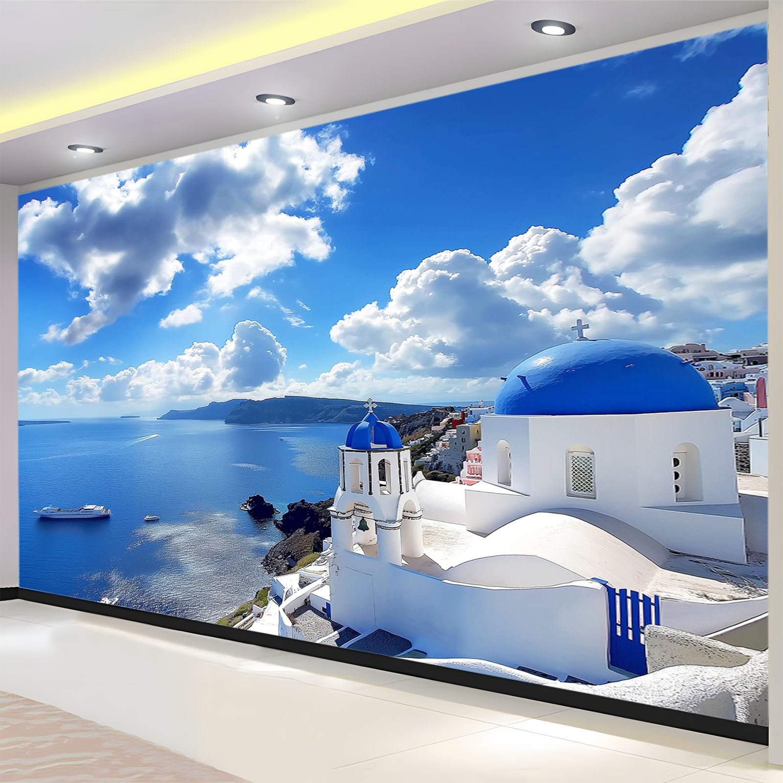Blu Carta da Parati 3d Paesaggio dell'isola di Santorini in Grecia Fotomurali in TNT Sfondo Murale Moderne Decorazione Soggiorno Camera de Letto Sala Ufficio TV Sfondo 300x210 cm