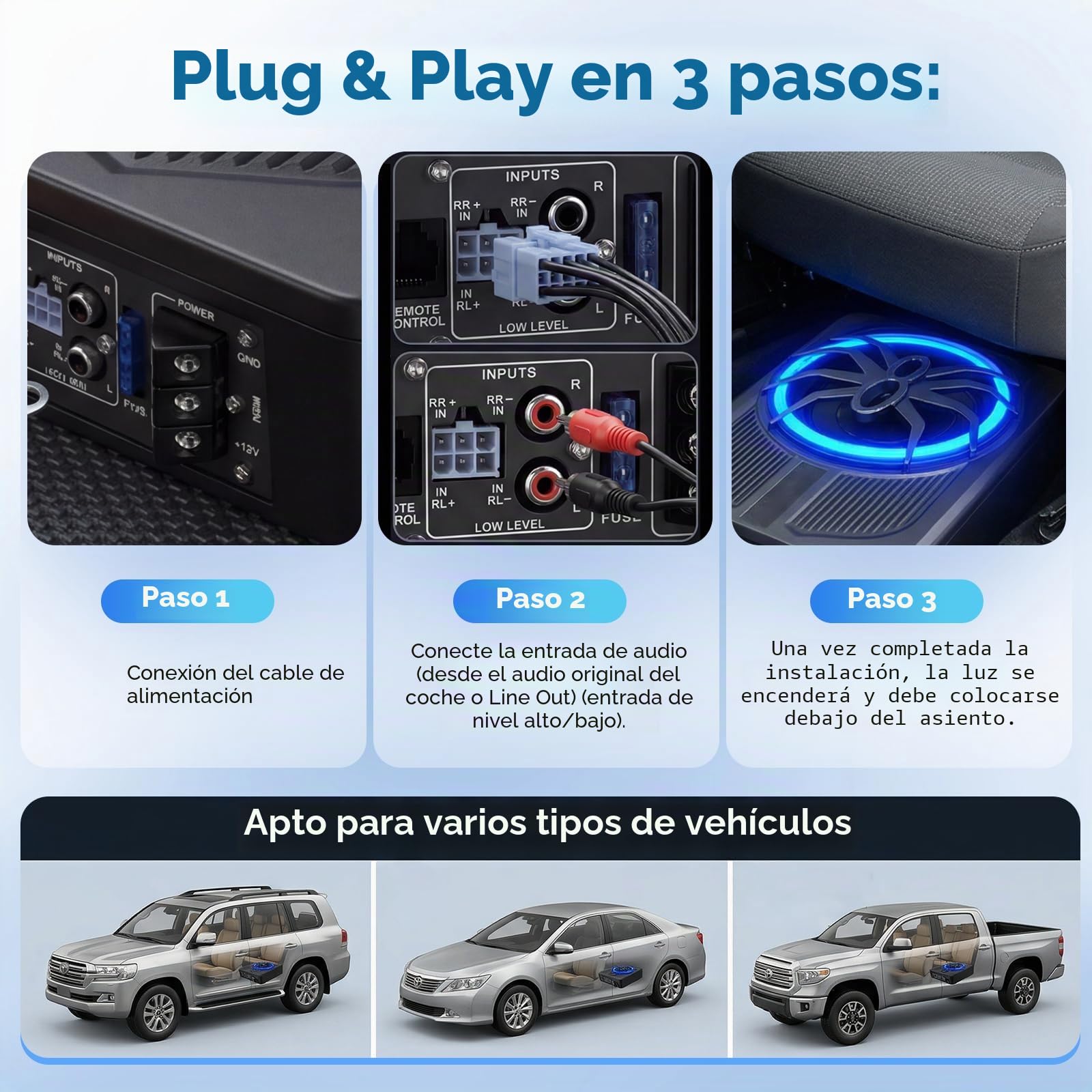 Hodozzy Subwoofer Activo Coche Ultrafino, 10 Pulgadas Subwoofer Autoamplificado Coche Debajo del Asiento con Amplificador, Entrada Bajo, Subwoofer Luz Ambiental Azul para SUV | Subwoofer Autoamplificado Coche Debajo del Asiento con Amplificador, Frecuenci